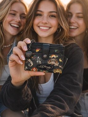 Ed Hardy Black Tattoo-Print Card Holder Coin Purse with Signature Zipper Pull